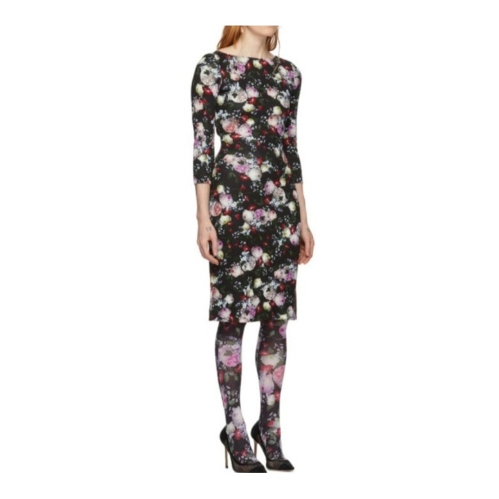 Erdem Dress Size 2 Black Floral Print Boatneck Half Sleeve